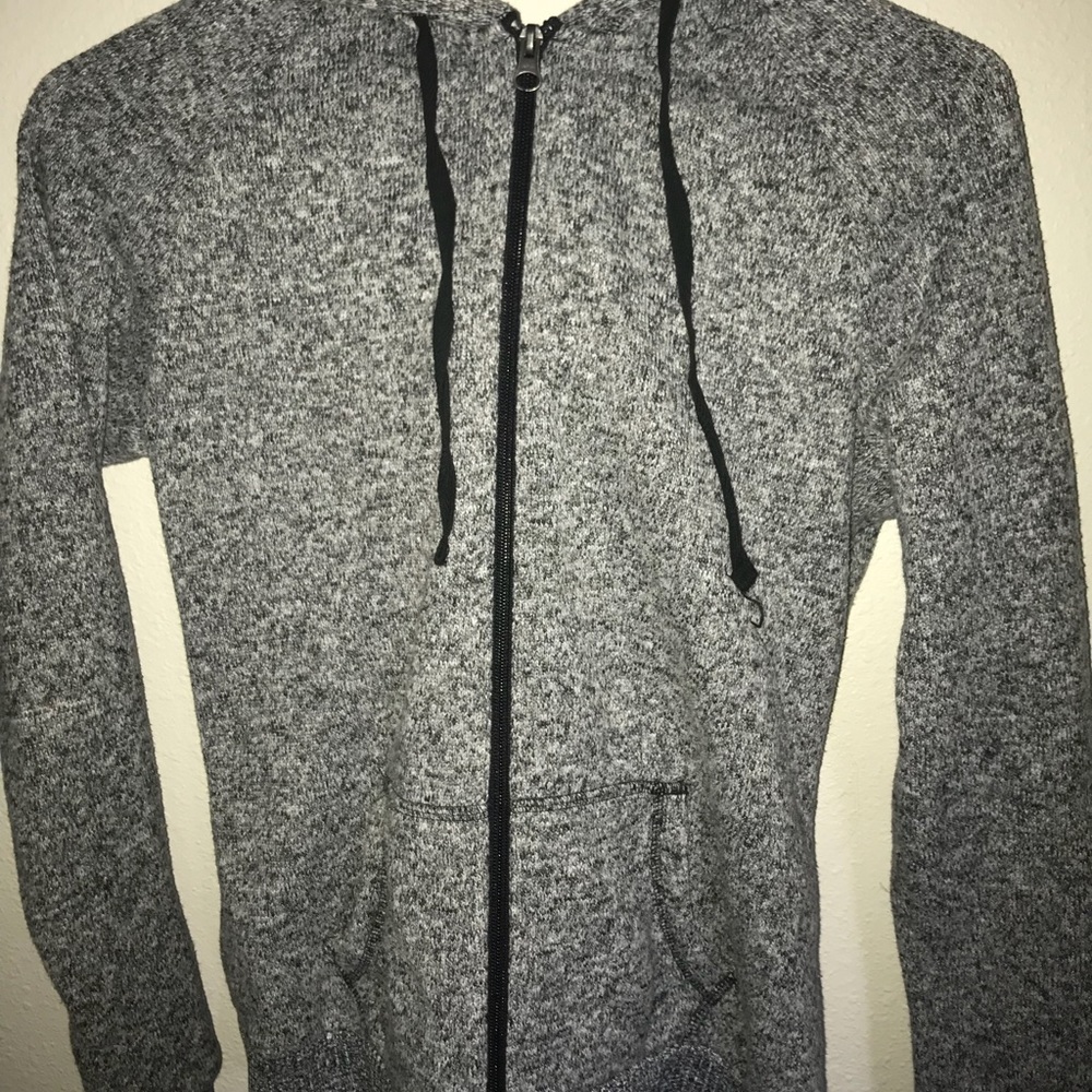 Heather gray zip up hoodie with fuzzy hood